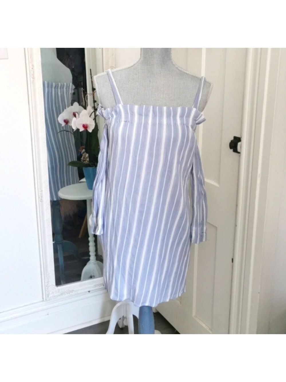 Ripe blue stripe mini dress. Beachy, bohochic, cottagecore. Size small. EUC